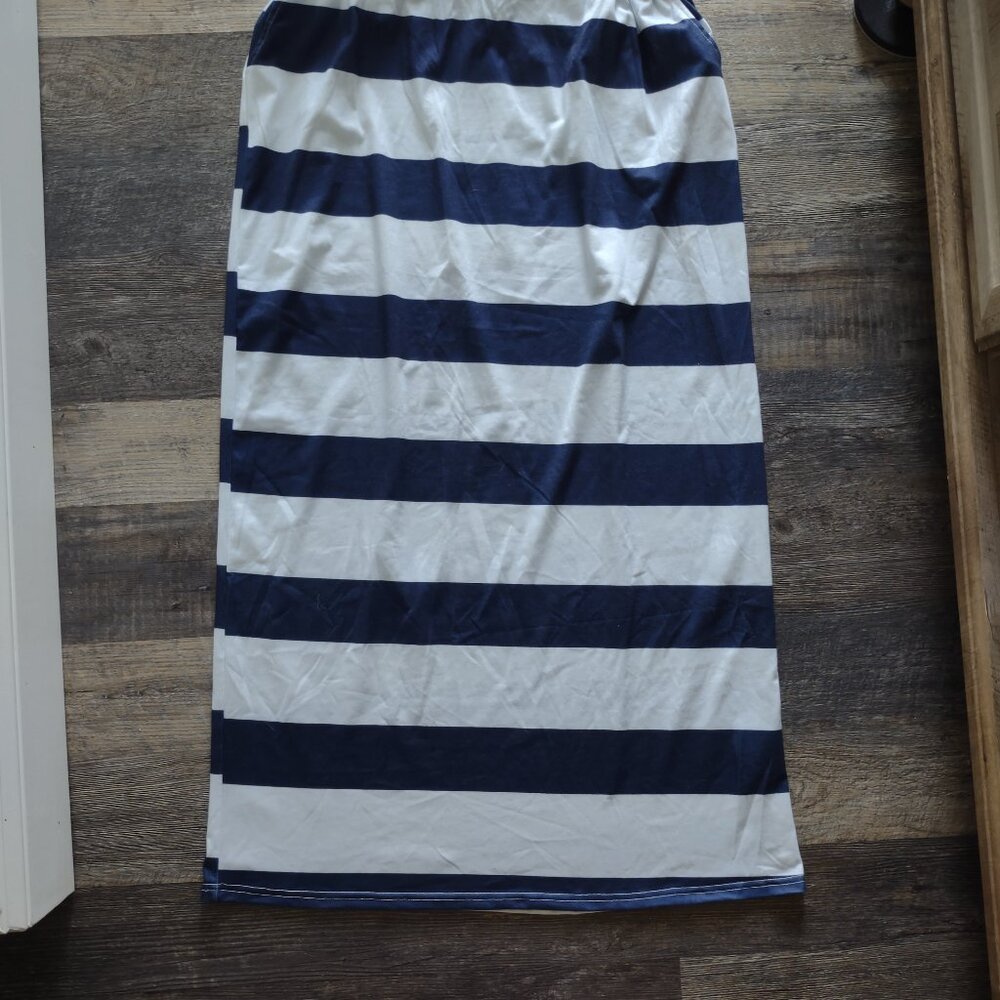 Maxi Skirt Navy Blue & White Stripes Stretch Waist, Size 2XL NWOT